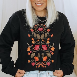 Scandinavian Folk Art Crewneck Sweatshirt, Norwegian Folk Art Sweater, Cottage Core Hygge Botanical Sweatshirt, Women Oversized Sweatshirt