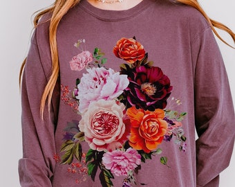 Vintage Floral Long Sleeve Shirt: Boho Cottagecore Comfort Colors Tee