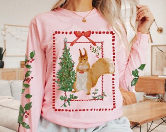 Cottagecore Christmas Long Sleeve Shirt, Holly Sleeve Print Squirrel Tee, Comfort Colors Cozy Holiday Graphic Tee, Whimsical Cotton T-Shirt