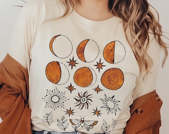 Vintage Cottagecore TShirt, Botanical Butterfly Shirt, Moon phases T-Shirt, Celestial Spring Tee, Sun and Moon T Shirt Mystical Floral Shirt