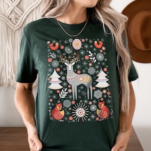Scandinavian Christmas Shirt Folk Art T-Shirt Botanical Shirt Hygge TShirt Aesthetic Clothes Scandinavian Shirt Women Vintage Flower Shirt