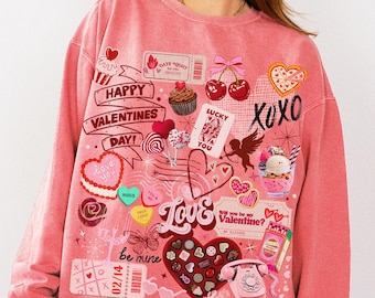 Valentines Day Sweatshirt Comfort Colors®, Coquette Valentine Sweatshirt, Vintage Collage Valentine Shirt, Retro Cherries Love Sweater Gift