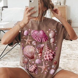 Vintage Seashells Tshirt Comfort Colors Cotton Cottagecore Aesthetic Shirt Nautical Tee Ocean Swimsuit Coverup Oversized Coastal Surf Shirt