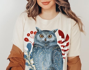 Scandinavian Folk Art Owl Shirt, Oversized Forestcore Tshirt, Owl Lover Tee, Cottagecore Botanical Shirt, Swedish Mystical Owl Tee, Owl Gift