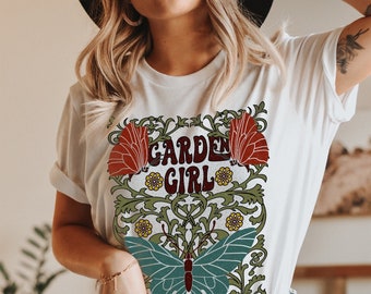 Flower Garden Butterfly Tshirt, Cottagecore Floral Botanical Shirt, Art Nouveau Hippie Nature Tee Gardening Lover Gift Oversized Boho Shirt