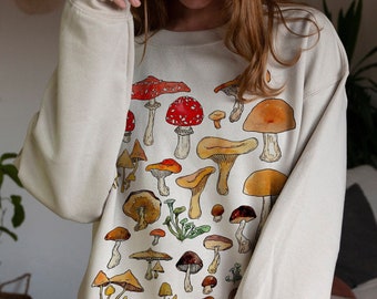 Waldpilze Vintage Sweatshirt, Cottagecore Woodland Pullover, Naturliebhaber Übergroßer Rundhalsausschnitt, Pilz Botanisches Top, Nahrungssuche Pullover