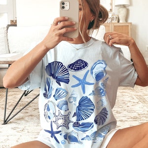 Vintage Seashells Tshirt Comfort Colors Cotton Cottagecore Aesthetic Shirt Nautical Tee Ocean Swimsuit Coverup Oversized Coastal Surf Shirt