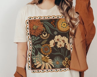 Chemise Boho Floral Cottagecore, T-shirt Nature Fleurs d'automne, T-shirt Jardin de fleurs sauvages, Cadeau pour les amoureux des fleurs, Vêtements d'automne botanique Hippie