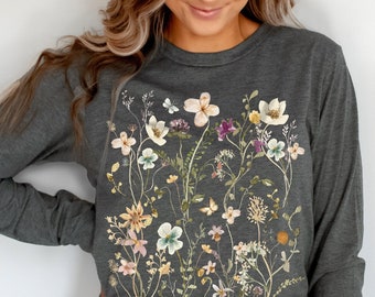 Pressed Flowers Long Sleeve Tshirt, Boho Wildflowers Cottagecore Shirt, Vintage Botanical Tee, Pastel Floral Nature Shirt Garden Lover Shirt