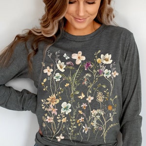 Pressed Flowers Long Sleeve Tshirt, Boho Wildflowers Cottagecore Shirt, Vintage Botanical Tee, Pastel Floral Nature Shirt Garden Lover Shirt