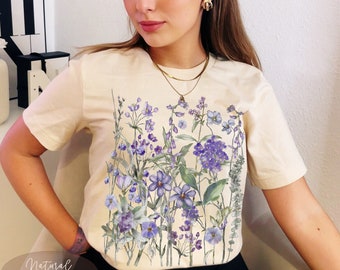 Gepresste Blumen Tshirt, Boho Wildblumen Cottagecore Shirt, Lavendel Vintage Botanisches T-Shirt, Pastell Blumen Natur Shirt, Garten Liebhaber Shirt