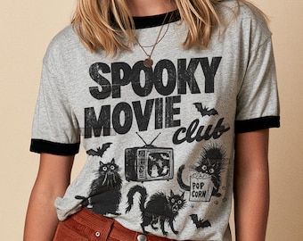 Retro Halloween Ringer Tee Spooky Movie Club Shirt, Black Cat TShirt, Vintage Halloween Party Tee, Spooky Season Shirt Halloween Graphic Tee