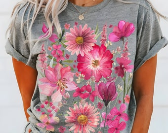 T-shirt fleurs pressées, chemise bohème bohème fleurs sauvages, t-shirt botanique vintage surdimensionné, chemise nature florale pastel, cadeau pour amateur de jardin