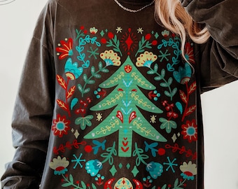 Scandinavian Christmas Tree Long Sleeve Shirt – Whimsical Vintage Nordic Holiday Tee, Cozy Winter Top, Cottagecore Christmas Gift for Her