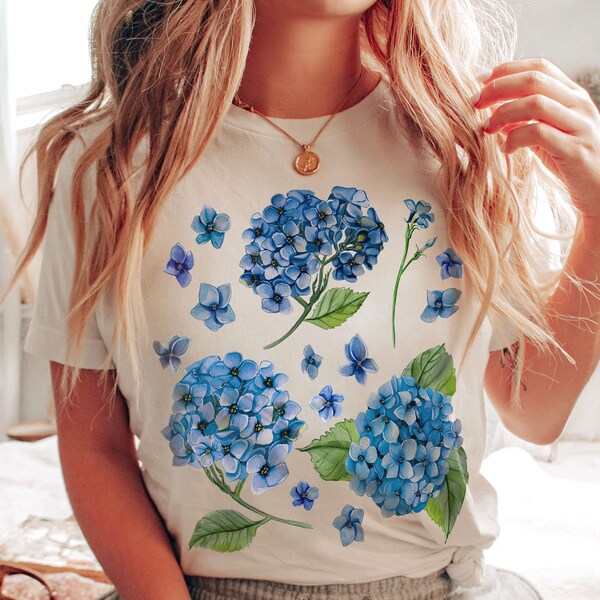 Vintage Blue Hydrangeas Shirt, Floral Cottagecore Tshirt, Fairycore Flower Garden Tee, Hydrangea Lover Gift, Boho Flowers Botanical Shirt