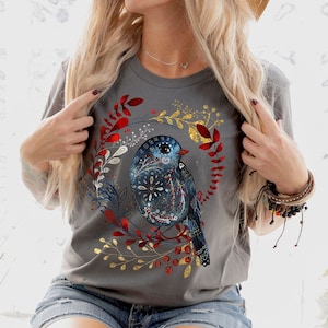 Scandinavian Folk Art TShirt, Mystical Botanical Bird Tee, Nordic Cottagecore Shirt, Floral Bluebird Oversized Tee Shirt, Bird Lover Gift