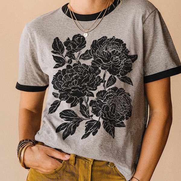 Retro Linocut Peonies Ringer TShirt, Cottagecore Floral Graphic Tee, Vintage Botanical Flowers T Shirt, Ranunculus Boho Garden T-Shirt Gift