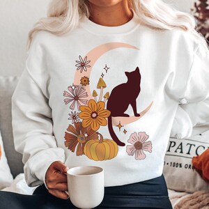 Celestial Cat Sweatshirt, Cat Sweatshirt, Mushroom Shirt, Aesthetic Clothing, Mystical Cat Shirt, Cat Lover Shirt, Black Cat Shirt, Cat Gift