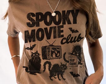 Spooky Movie Club Shirt, Black Cat Party T-Shirt, Vintage Comfort Colors Halloween Tee, Retro Spooky Season Shirt, Halloween Graphic Tee