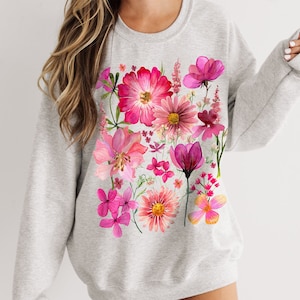 Vintage geperst bloemen sweatshirt, Boho Cottagecore ronde hals, pastel botanische bloementrui, Fairycore oversized wilde bloemen sweatshirt