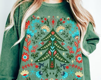 Scandinavian Christmas Sweatshirt Comfort Colors Norwegian Folk Art Sweater Cottagecore Shirt Hygge Botanical Crewneck Vintage Sweatshirt
