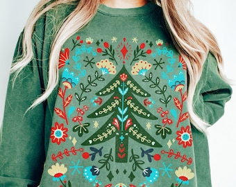 Scandinavische kersttrui Comfort kleuren Noorse volkskunst trui Cottagecore-shirt Hygge Botanical vintage sweatshirt met ronde hals