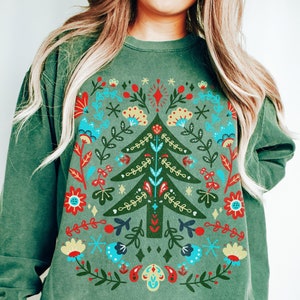 Skandinavische Weihnachten Sweatshirt Komfort Farben Norwegische Volkskunst Pullover Cottagecore Shirt Hygge Botanische Rundhalsausschnitt Vintage Sweatshirt