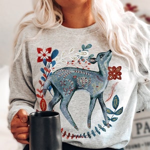 Scandinavian Folk Art Sweatshirt, Norwegian Folk Art Sweater, Cottage Core Hygge Botanical Sweatshirt, Deer Oversized Sweatshirt, Vintage