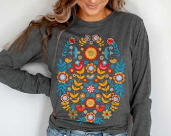 Scandinavian Folk Art Long Sleeve Shirt, Folk Art Bird Tshirt, Norwegian Folk Art Sweater, Nordic Botanical Sweatshirt, Swedish Folk Art Tee