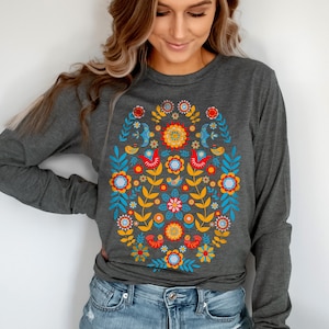 Scandinavian Folk Art Long Sleeve Shirt, Folk Art Bird Tshirt, Norwegian Folk Art Sweater, Nordic Botanical Sweatshirt, Swedish Folk Art Tee