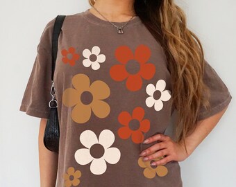 Camiseta floral retro con colores cómodos: camiseta de margaritas estilo años 70