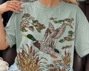 Vintage Linocut Mallard Duck Shirt, Comfort Colors Wildlife Tshirt, Retro 90s Nature Graphic Tee, Woodcut Bird Lover Gift, Camping T-shirt
