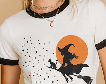 Retro Halloween Shirt Witch Black Cat Ringer Tee Spooky Season Sweatshirt Vintage Halloween Sweater Trendy Halloween Party T-Shirt Aesthetic