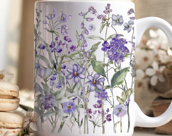 Tasse à fleurs pressées, tasse à café bohème fleurs sauvages cottagecore, tasse à thé botanique vintage, tasse nature florale pastel, cadeau pour amateur de jardin de fleurs