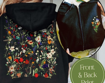 Pressed Flowers Zip Hoodie Cottagecore Sweatshirt Floral Fleece Jacket Botanical Crewneck Nature Pullover Flower Lover Tee Shirt Garden Gift