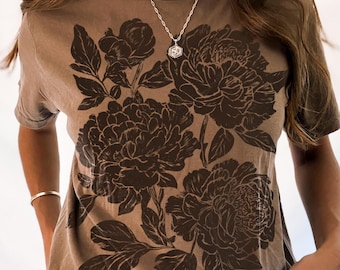 Vintage Linocut Flower Shirt: Comfort Colors Peonies & Ranunculus Tee