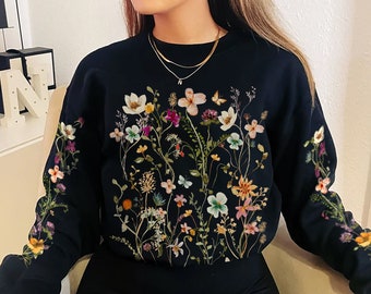 Vintage gepresste Blumen Sweatshirt, Boho Cottagecore Crewneck, Pastell Botanischer Blumen Pullover, Fairycore Oversized Wildblumen Sweatshirt