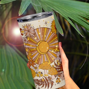 Mystical Sun and Moon Tumbler, Retro Botanical Moon Phase Tumbler, Mushroom Moon Tumbler, Mystical Coffee Mug, Floral Cottagecore Travel Cup