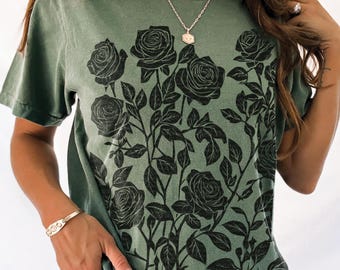 Vintage Linocut Roses Shirt Comfort Colors Block Print Floral Tshirt Flower Garden Woodcut Stamp Tee Cottagecore Boho Botanical Shirt Cotton
