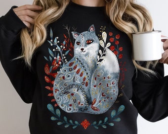 Scandinavian Folk Art Sweatshirt, Folk Art Fox Crewneck Sweatshirt, Cottage Core Sweater, Scandinavian Christmas Shirt, Nordic Sweatshirt
