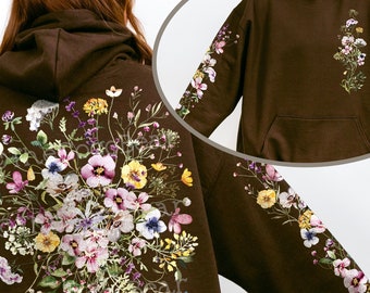 Vintage Pressed Flowers Hooded Sweatshirt, Boho Cottagecore Pastel Botanical Floral Pullover Fairycore Oversized Wildflowers Crewneck Hoodie