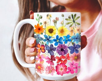 Pressed Flowers Mug, Boho Wildflowers Cottagecore Coffee Mug, Vintage Botanical Tea Cup, Pastel Floral Nature Mug, Flower Garden Lover Gift