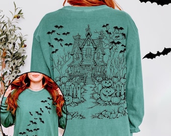 Haunted House Comfort Colors Long Sleeve Shirt: Halloween Bats Crewneck