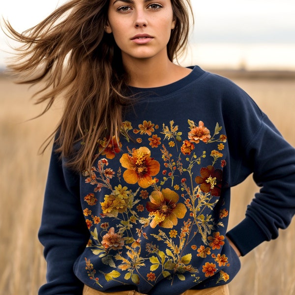 Vintage geperste bloemen sweatshirt Cottagecore herfst bloemen trui herfst botanische ronde hals natuur trui bloem minnaar Thanksgiving shirt