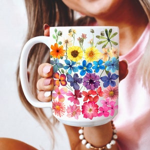 Pressed Flowers Mug, Boho Wildflowers Cottagecore Coffee Mug, Vintage Botanical Tea Cup, Pastel Floral Nature Mug, Flower Garden Lover Gift