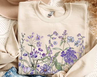 Vintage geperst bloemen sweatshirt, Boho Cottagecore ronde hals, pastel botanische bloementrui, Fairycore lavendel wilde bloemen sweatshirt