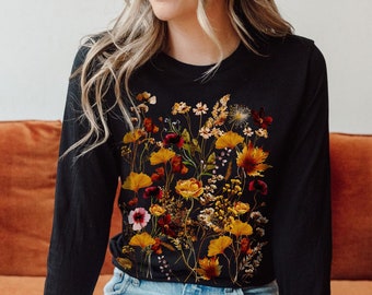 Autumn Pressed Flowers Long Sleeve Shirt Vintage Floral T-Shirt Fall Dried Flowers Cottagecore Aesthetic Tee Botanical Forest Garden TShirt