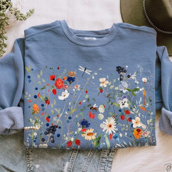 vintage fleurs pressées sweat-shirt confort couleurs Boho Cottagecore ras du cou jardin botanique floral pull Fairycore fleurs sauvages pull