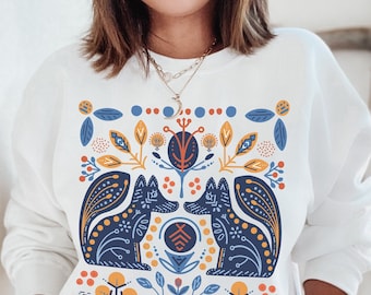 Scandinavian Folk Art Sweatshirt, Folk Art Fox Pullover, Cottagecore Norwegian Sweater, Nordic Botanical Crewneck, Oversized Sweatshirt