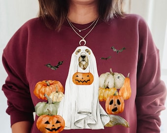 Cottagecore Ghost Dog Sweatshirt, Golden Retriever Fall Tshirt, Bats Halloween Pullover, Boho Pumpkin Patch Crewneck, Spooky Season Sweater